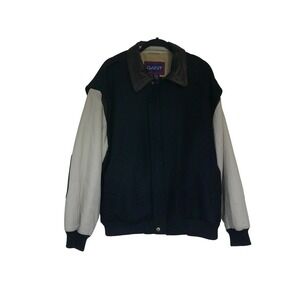 Gant Varsity Bomber Jacket Mens XL Navy Blue Wool Leather Elbow Patch Vintage